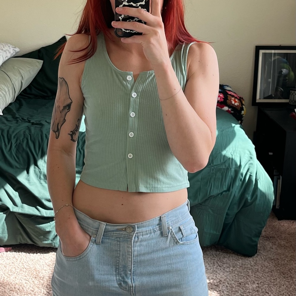 light green button up crop top